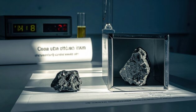 Dense dark grey uranium ore samples, scientific specimens in a laboratory setting for analysis and research