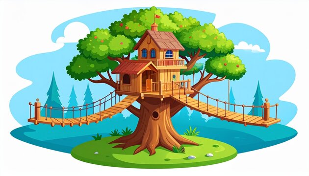 Whimsical treehouse floating on a blue ocean island.