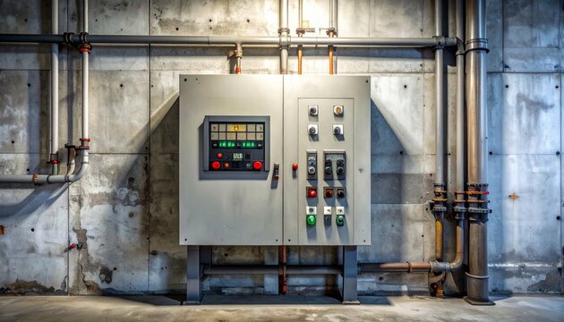 An old gas pump and station feature a weathered electrical panel and an industrial metal payphone booth with a power control switch
