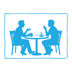 Fototapeta premium Silhouette of two men sitting at a cafe table talking and drinking coffee