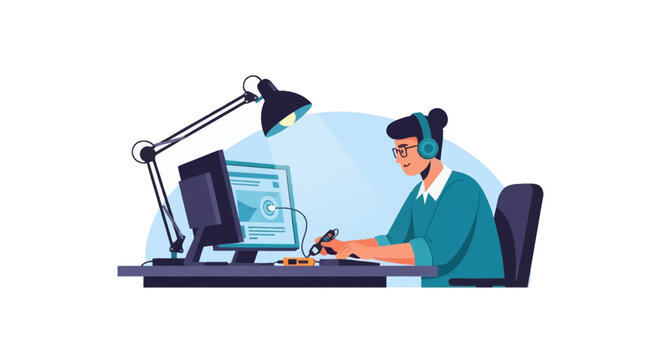 Vector illustration of an IT specialist wearing headphones and glasses while performing hardware vulnerability testing, debugging, and electronic repair at a desk with a monitor.