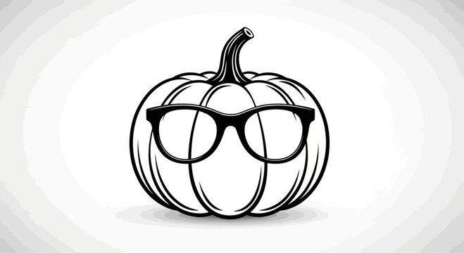 A black and white line art illustration of a pumpkin wearing glasses.