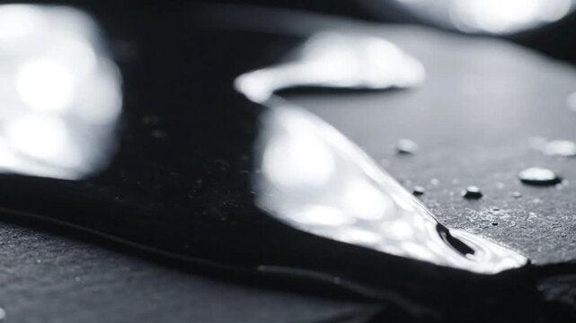 Abstract Dark Liquid Spill, Water Droplets Reflecting Light