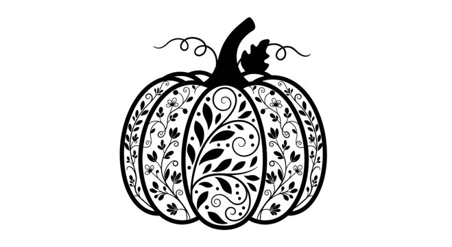 Decorative black and white pumpkin illustration with intricate floral patterns.