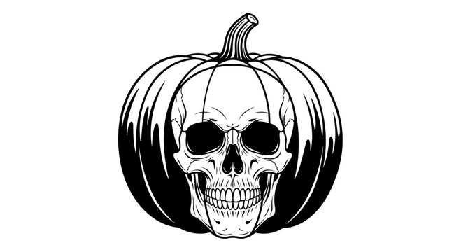 Detailed black and white illustration of a human skull inside a pumpkin.