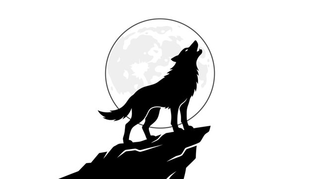 A black silhouette of a wolf howling on a rocky cliff.
