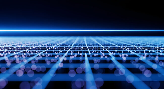 Abstract Blue Digital Grid with Glowing Particles and Light Horizon.