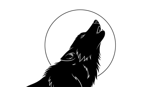 A stylized black silhouette of a wolf howling at the moon.