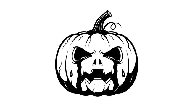 Creepy black and white illustration of a sinister carved Halloween pumpkin.