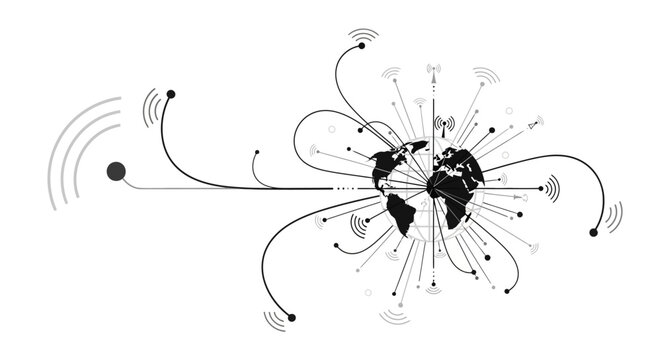 Global Network Connection: Earth with Wireless Signals and Data Lines
