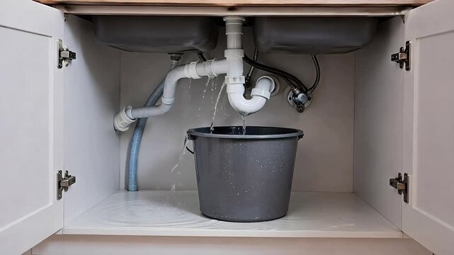 Bucket collecting water from leaking pipe under kitchen sink