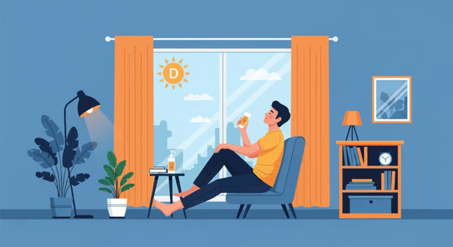 Flat vector illustration of a man sitting in an armchair by a large window, absorbing sunlight for Vitamin D synthesis with a sun icon, plants, and modern furniture decor.