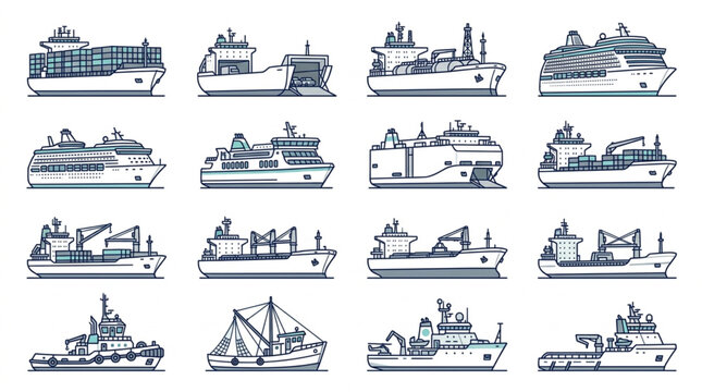 Collection of Various Types of Ships and Vessels Illustration