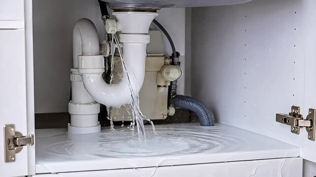  Kitchen sink plumbing leak with water dripping from white pipes