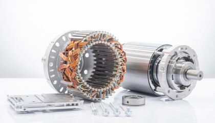 Naklejka premium Electric vehicle motor components with copper wiring disassembled on table