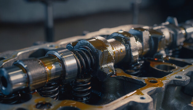 Close-up view of engine camshaft and valves covered in motor oil in a moody workshop setting