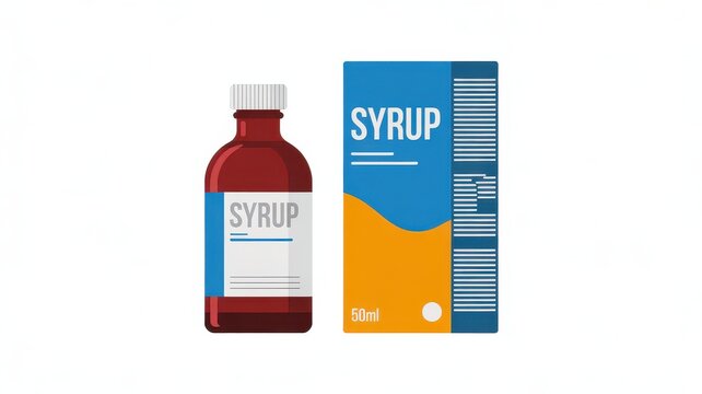 Medical syrup bottle and packaging box illustration isolated on white background