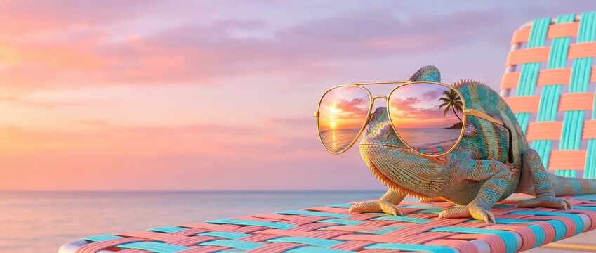 A relaxed exotic chameleon wearing sunglasses rests on a beach lounge chair during a peaceful sunset over the ocean, humorous summer vacation mood, tropical getaway, travel postcard.