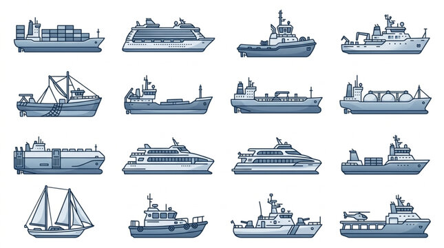Variety of Different Types of Ships and Vessels Illustration