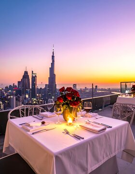 A serene rooftop dining setup overlooking a city skyline at sunset