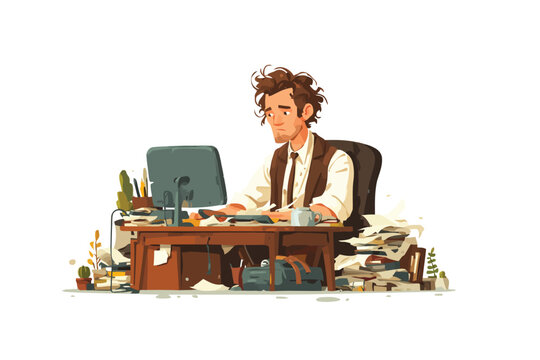 Funny businessman working in a tiny messy office isolated