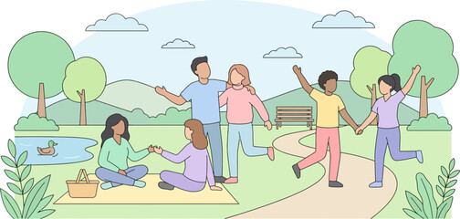 Fototapeta premium Joyful Friends Celebrating Friendship Day in Park with Dancing and Picnics
