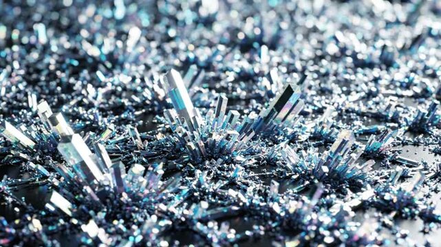 Close-up of shimmering blue ice crystals forming on a surface, macro photography, abstract background