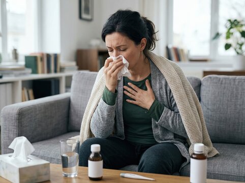 Woman suffering from cold sitting on sofa with tissues and medicine in cozy living room setting
