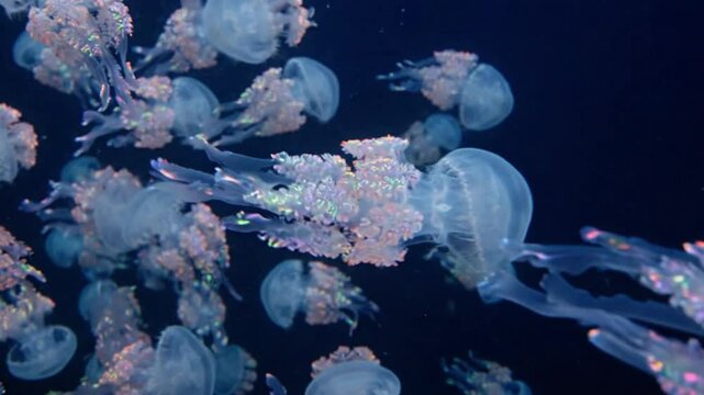 Group of Transparent Jellyfish Swimming in Dark Deep Ocean Water