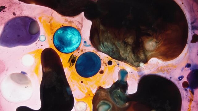 Detailed macro shot of blue and teal ink droplets forming spherical shapes, resembling celestial bodies or microscopic cells in a dark moody atmosphere.