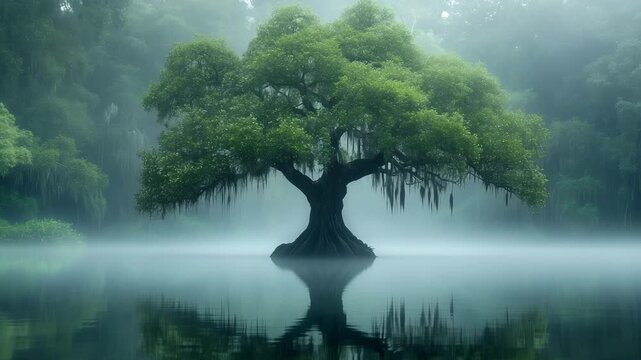 A large tree stands in a lake surrounded by fog during the early morning hours as light filters through the mist