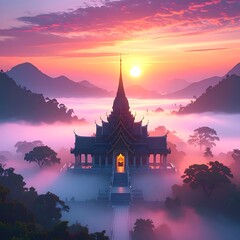 Fototapeta premium A serene temple amidst foggy mountains at sunset