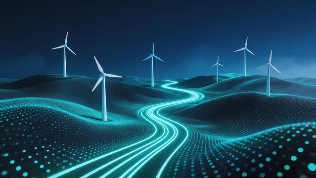 Futuristic wind turbines against a blue night sky