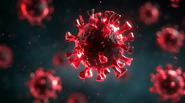 Microscopic view of the SARS-CoV-2 virus, the cause of COVID-19, with its characteristic spike proteins.