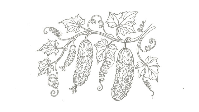 Detailed Hand Drawn Illustration of Fresh Cucumbers Growing on a Vine.
