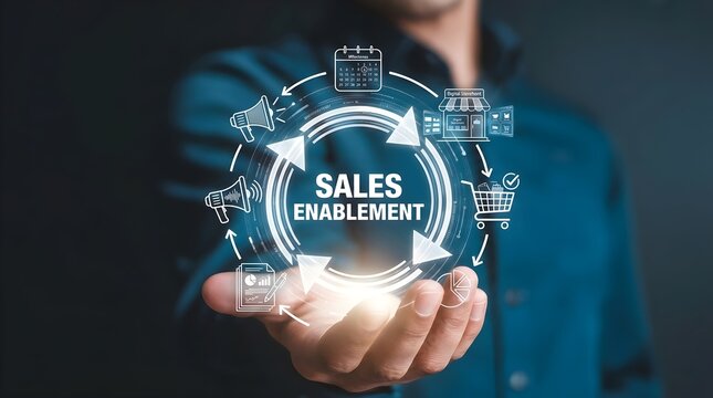 Businessman presenting sales enablement concept with glowing icons and arrows in hand