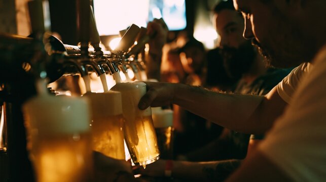 Bartender pouring multiple pints of beer simultaneously at bar