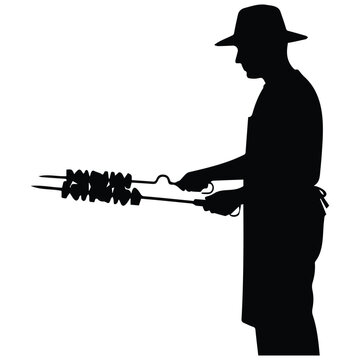 Man wearing hat cooking meat on skewer vector silhouette illustration line art portrait.