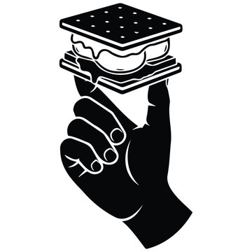 Hand holding s'mores vector silhouette illustration line art sweet campfire dessert snack.