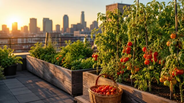 Potager urbain sur toit avec tomates et skyline au coucher du soleil