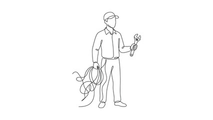Obraz premium Continuous line drawing of an electrician holding a wrench and electrical wire.