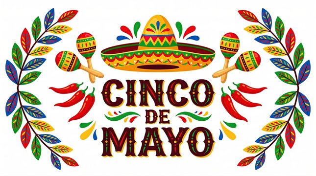Festive cinco de mayo celebration with colorful maracas, sombrero, and chili peppers