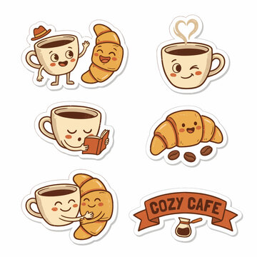 Cute Cartoon Coffee Cups and Croissants Stickers, Cozy Cafe, Kawaii Food Art