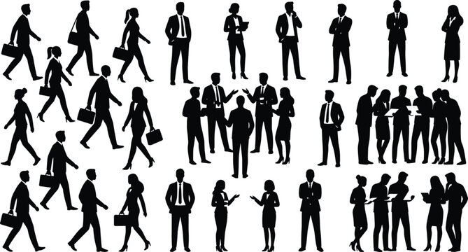 Business people silhouettes mega set with corporate employees office workers managers walking and talking on white background