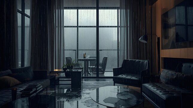 interior of a hotel room in rainny