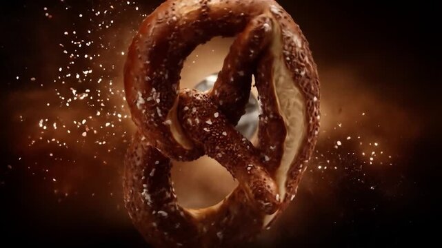 A salted pretzel flies through the air with particles exploding around it.