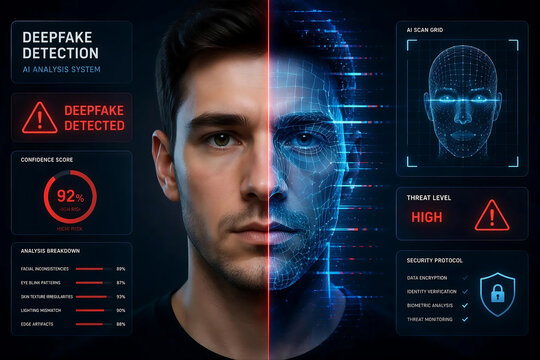 Deepfake AI Detection and Media Authenticity Technology, Artificial Intelligence Face Analysis for Cybersecurity, Digital Identity Verification, Fraud Prevention and Synthetic Media Threat Concept