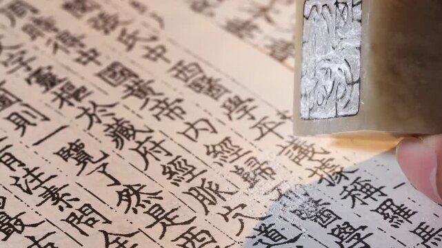 Close up shot of artisan craftsman hands using a gouge to carve intricate details traditional chinese stone emblem stamp seal. Skilled craft worker hand-carving details at workshop art studio