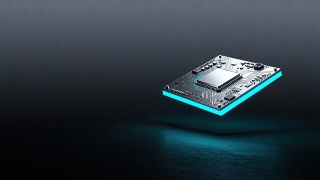 Futuristic microchip with glowing blue circuits on dark abstract background, high tech digital technology concept, premium commercial stock image featuring modern professional visual composition siyam
