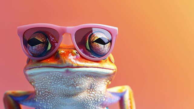 Cool frog wearing pink sunglasses on an orange background